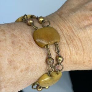 Vtg Butterscotch Bakelite Panel Bracelet Metal Bead Brass Chain Link Antique.